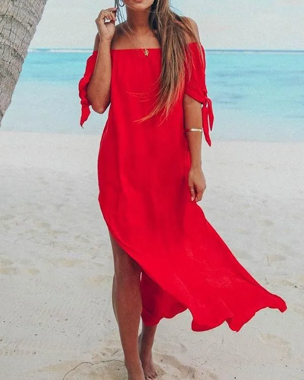 EP | Robe longue pour femme avec grande fente latérale, robe ample et évasée avec épaules dénudées