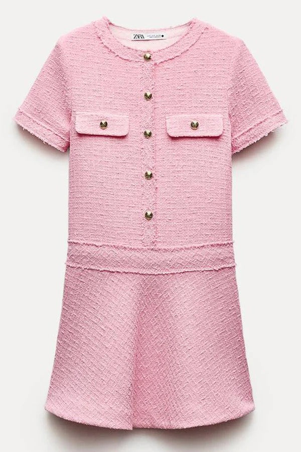 EP | Années 1960 London Girl Tweed texturé or bouton manches courtes Pocketed Mini Robe