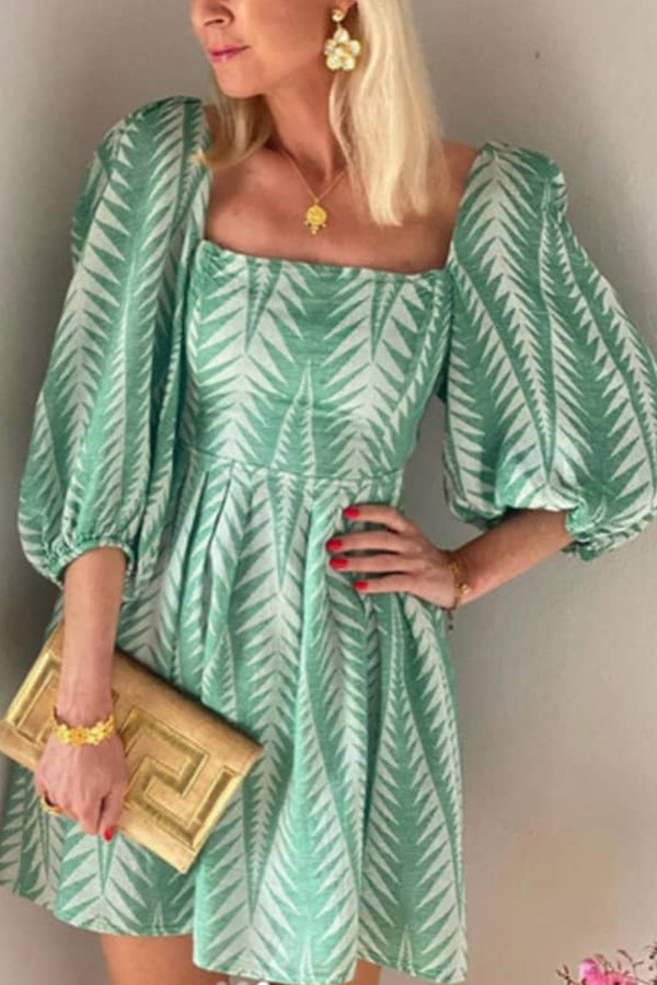 EP | Eté Vert Mélange de Lin Imprimé Ethnique Manches Ballon Dos Lacets Mini-robe