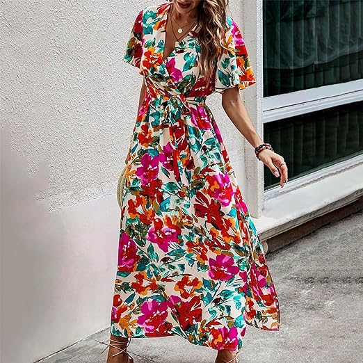 EP | robe avec ceinture à l'imprimé tropical et taille haute