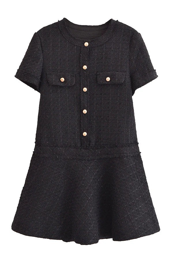 EP | Années 1960 London Girl Tweed texturé or bouton manches courtes Pocketed Mini Robe
