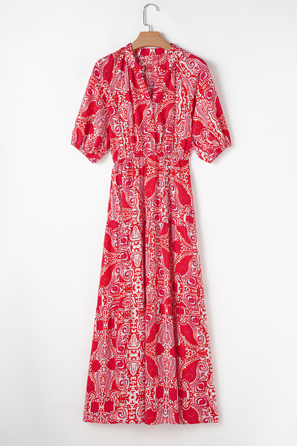 EP | Rouge Paisley Imprimer côté fente manches bouffantes taille haute Maxi Robe
