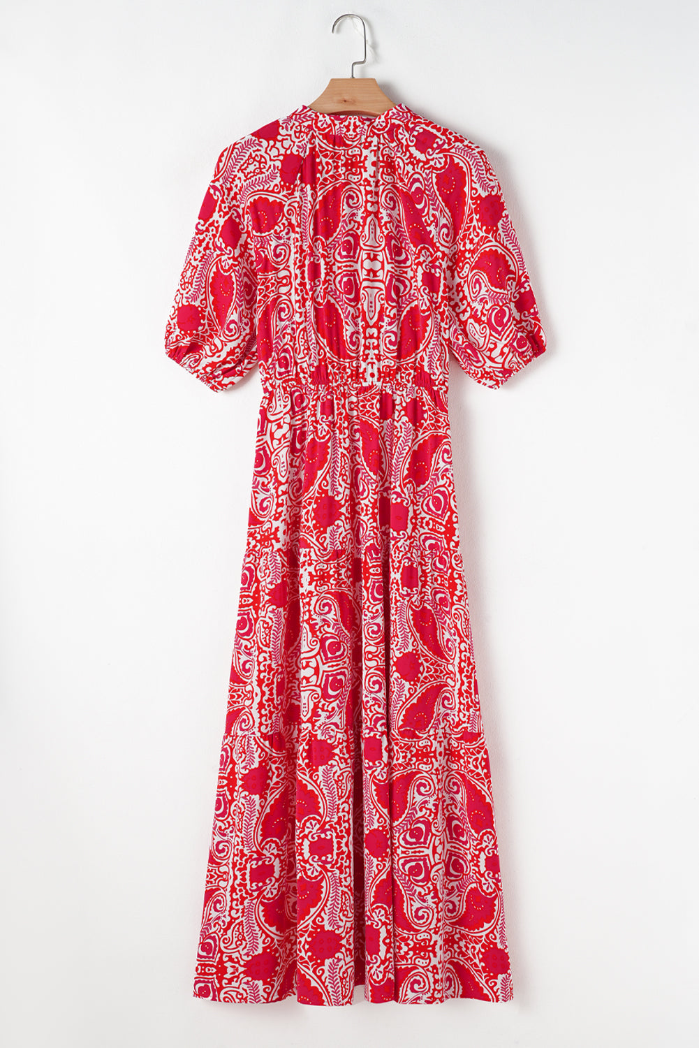 EP | Rouge Paisley Imprimer côté fente manches bouffantes taille haute Maxi Robe