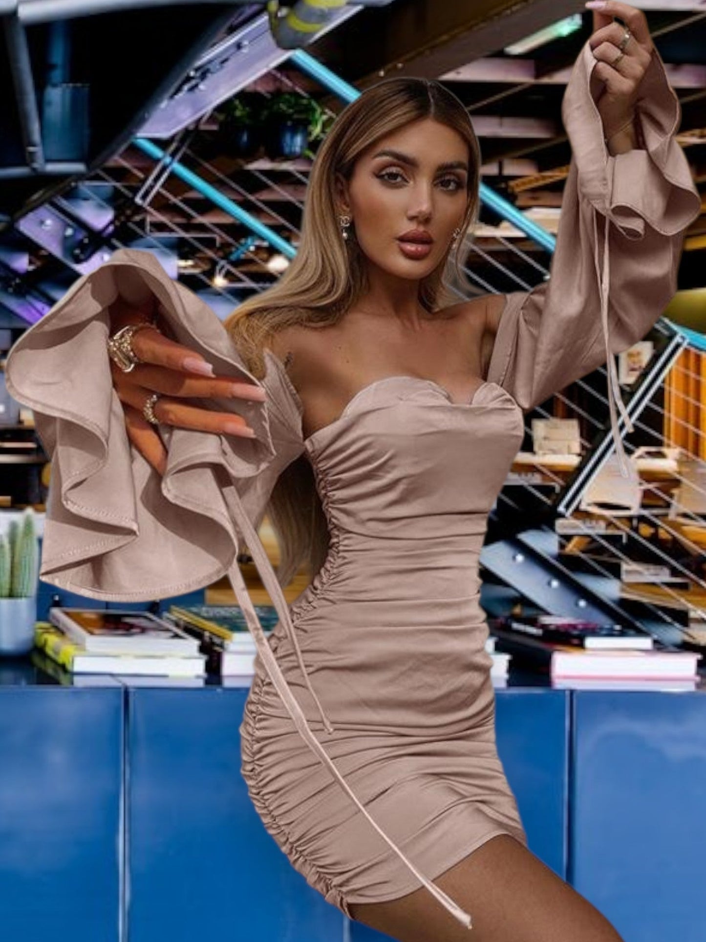 EP | Off-the-shoulder Robe pour femme avec détails à volants en tissu extensible Mini-robe