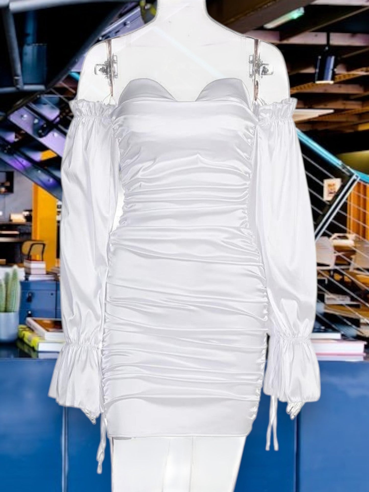 EP | Off-the-shoulder Robe pour femme avec détails à volants en tissu extensible Mini-robe