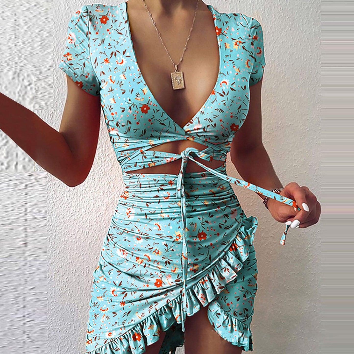 EP | Mode d'impression florale Cravate Wrap Mini Robe