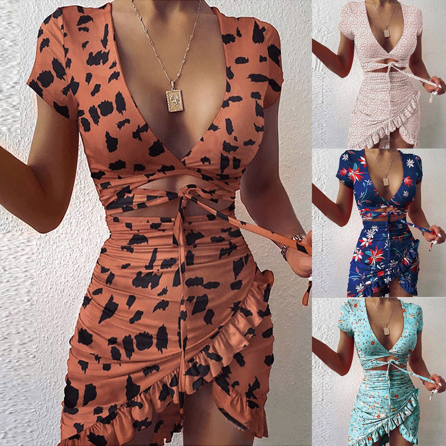 EP | Mode d'impression florale Cravate Wrap Mini Robe