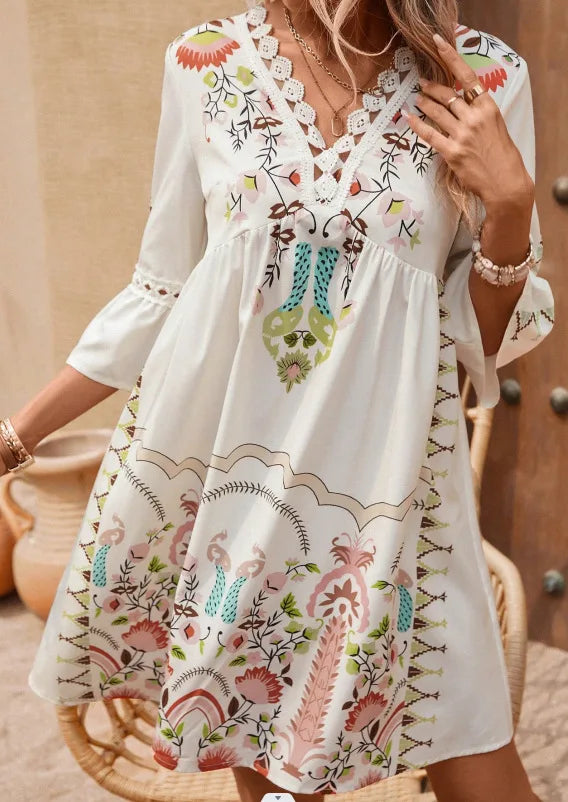 EP | 2025 Robe Femme Vacances d'été Col V Manches Longues Impression Fleur Plage Robe de Fête Sexy Mini Vêtements Pour Femme Vestidos