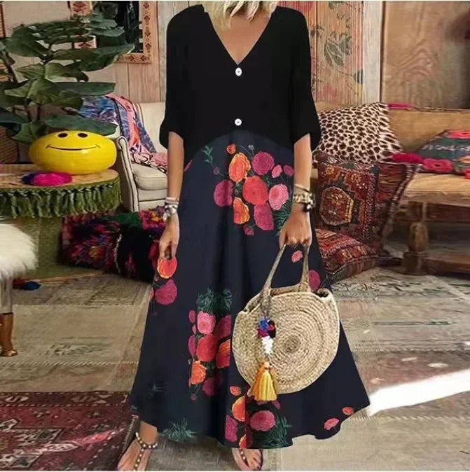 EP | 2025 Printemps Oversize Femme Longue Robe Imprimé Col V Manches Courtes Bouton Lâche A-Line Robes Femme Casual Elegant Vêtements Femme