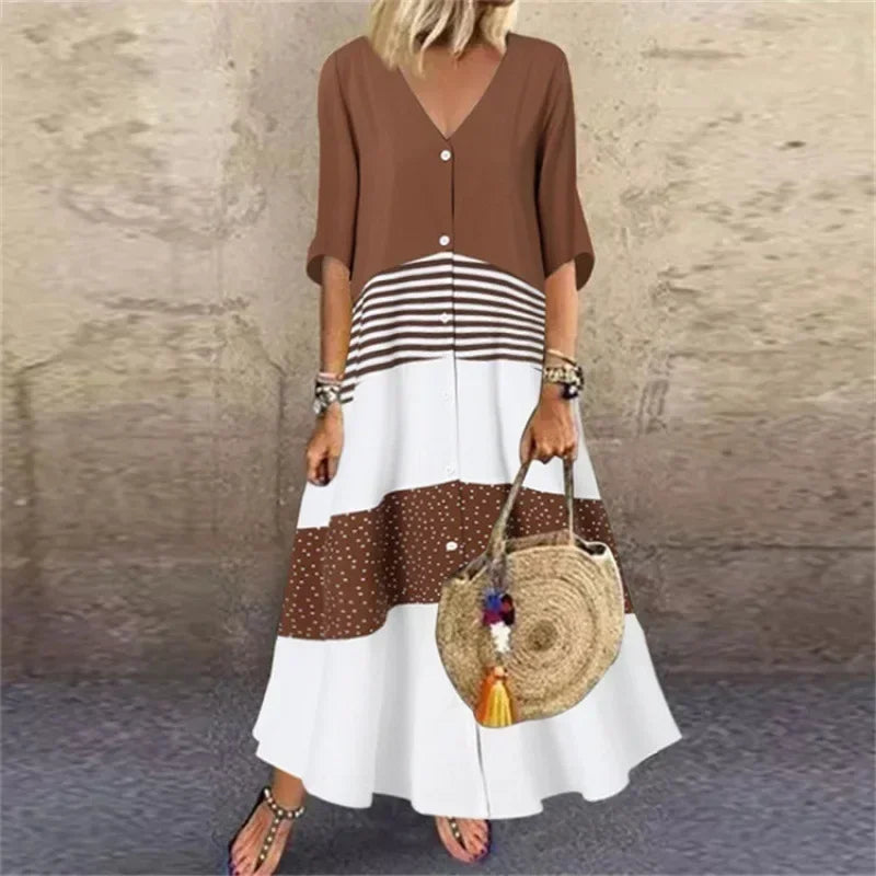 EP | 2025 Printemps Oversize Femme Longue Robe Imprimé Col V Manches Courtes Bouton Lâche A-Line Robes Femme Casual Elegant Vêtements Femme