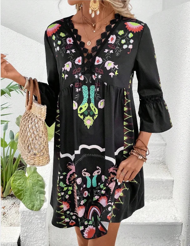 EP | 2025 Robe Femme Vacances d'été Col V Manches Longues Impression Fleur Plage Robe de Fête Sexy Mini Vêtements Pour Femme Vestidos