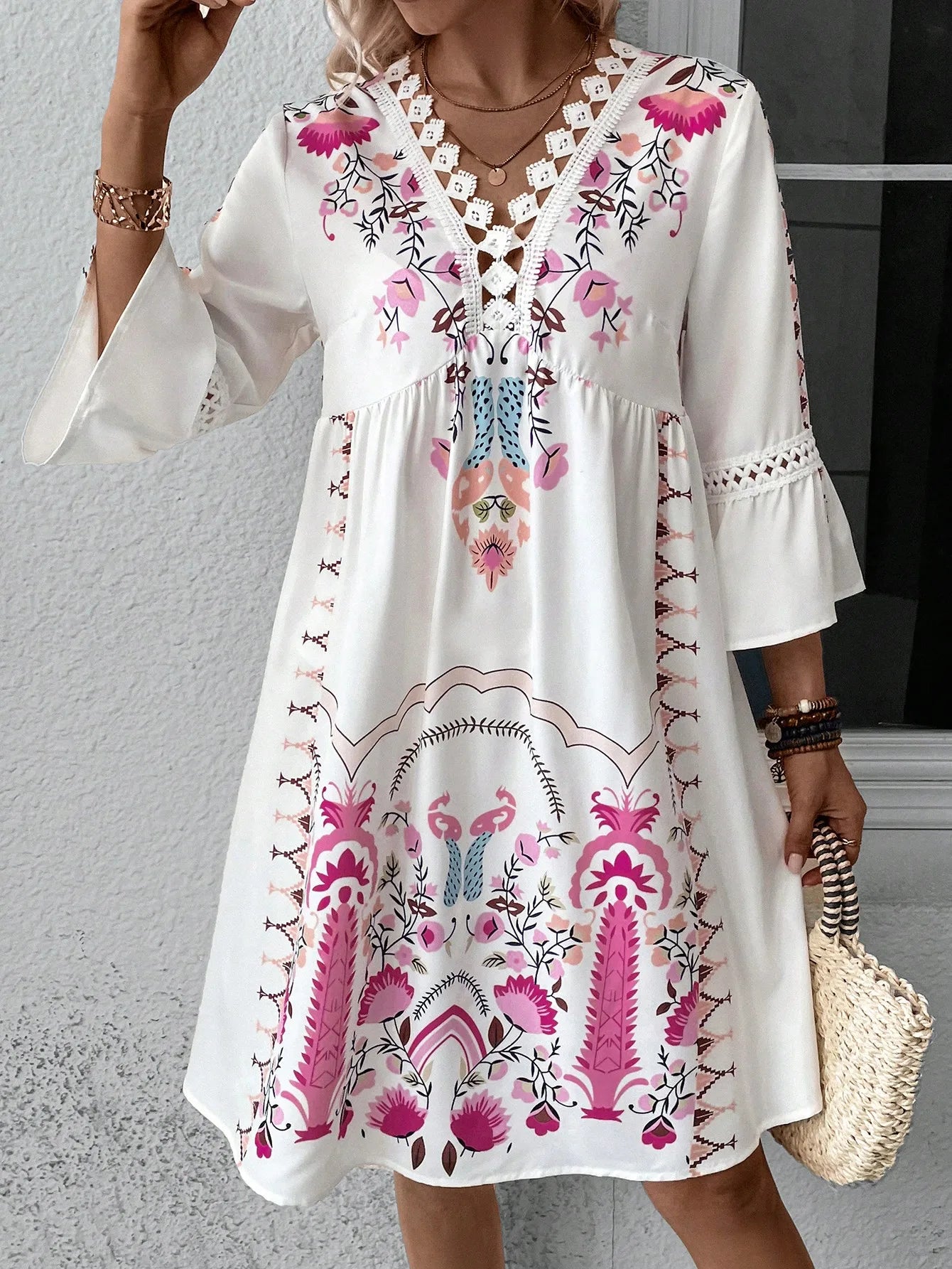 EP | 2025 Robe Femme Vacances d'été Col V Manches Longues Impression Fleur Plage Robe de Fête Sexy Mini Vêtements Pour Femme Vestidos