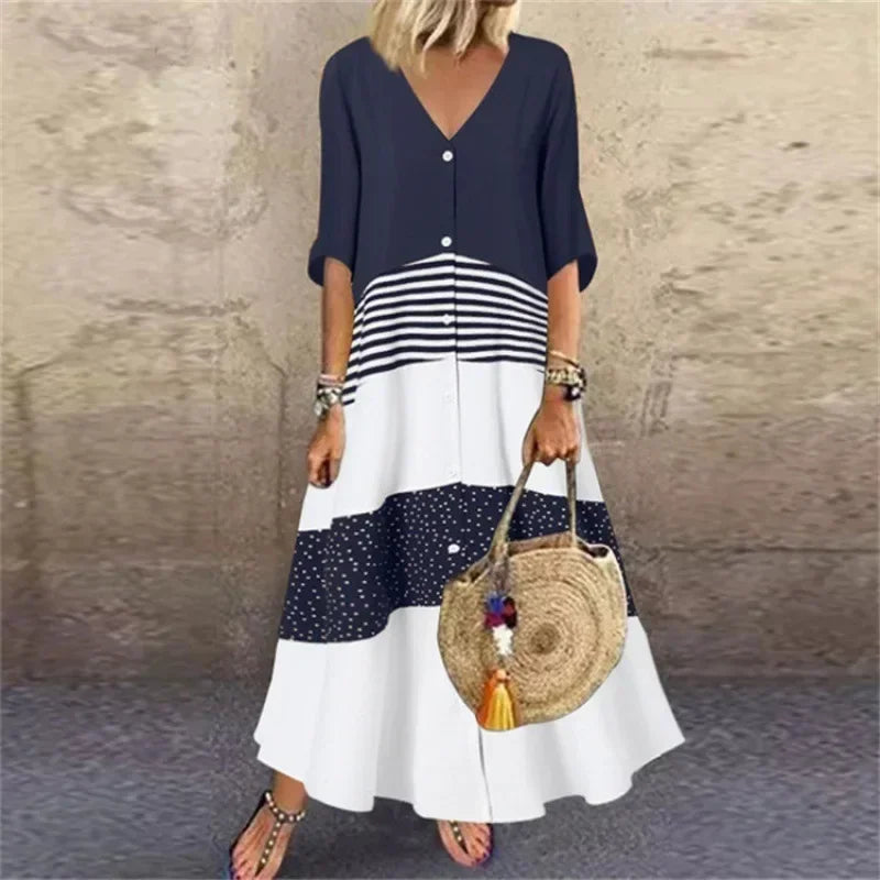 EP | 2025 Printemps Oversize Femme Longue Robe Imprimé Col V Manches Courtes Bouton Lâche A-Line Robes Femme Casual Elegant Vêtements Femme