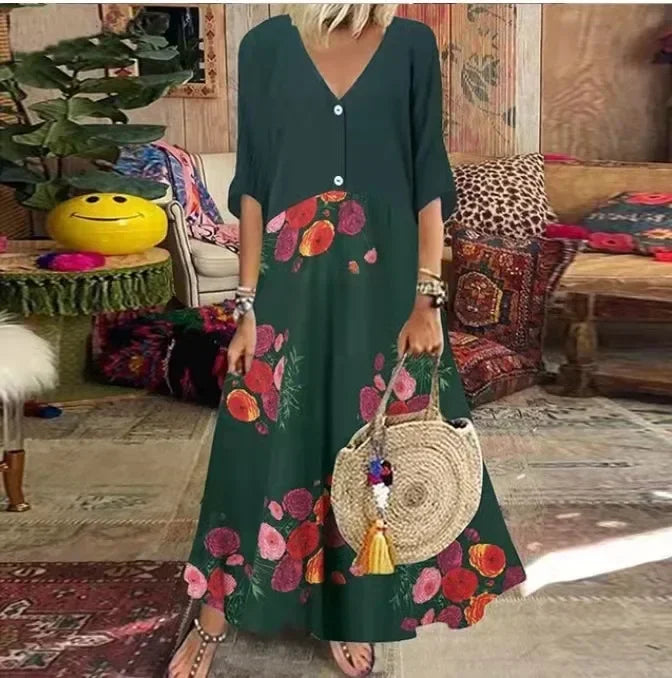 EP | 2025 Printemps Oversize Femme Longue Robe Imprimé Col V Manches Courtes Bouton Lâche A-Line Robes Femme Casual Elegant Vêtements Femme