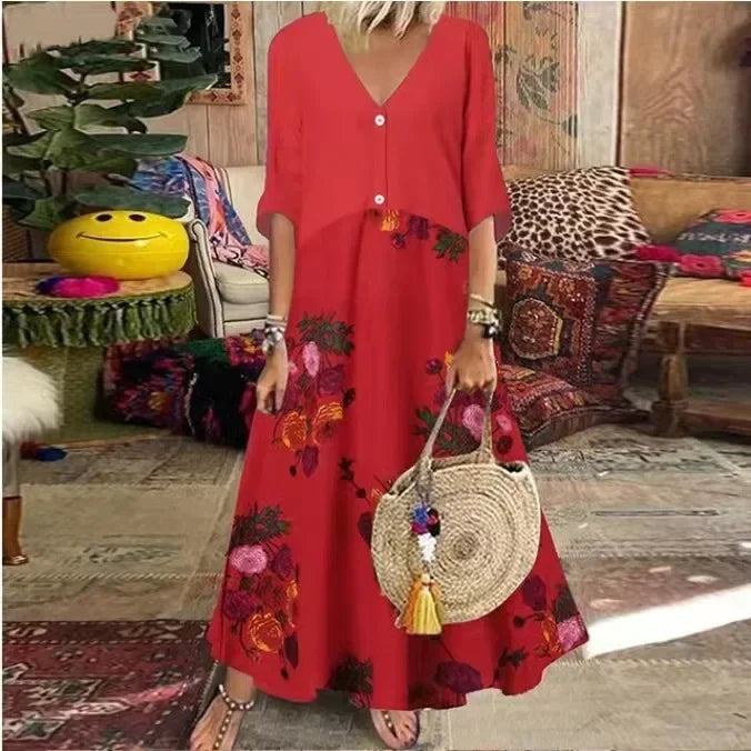 EP | 2025 Printemps Oversize Femme Longue Robe Imprimé Col V Manches Courtes Bouton Lâche A-Line Robes Femme Casual Elegant Vêtements Femme