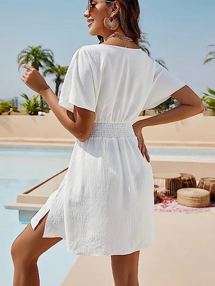 EP | 2024 solide robe de plage ample blanche femme boho mini-robe