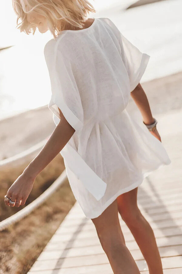 EP | mélange coton-lin ceinture à poches mini-robe kimono