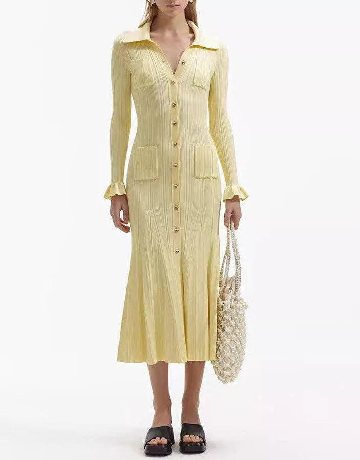 EP | Maxi robe femme - tricot - coupe sirène - col chemise - manches longues - poches