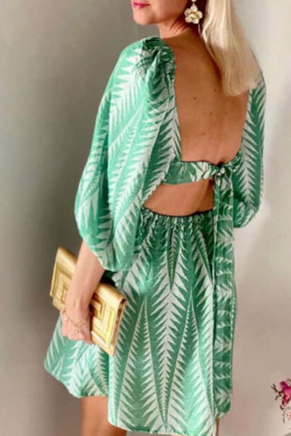 EP | Eté Vert Mélange de Lin Imprimé Ethnique Manches Ballon Dos Lacets Mini-robe