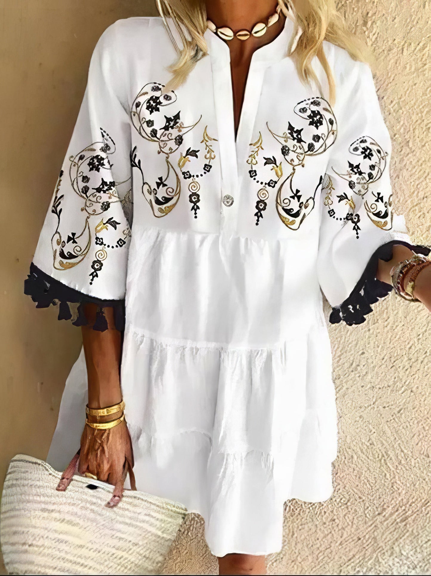 EP | mini-robe à franges imprimé fleuri avec col en V
