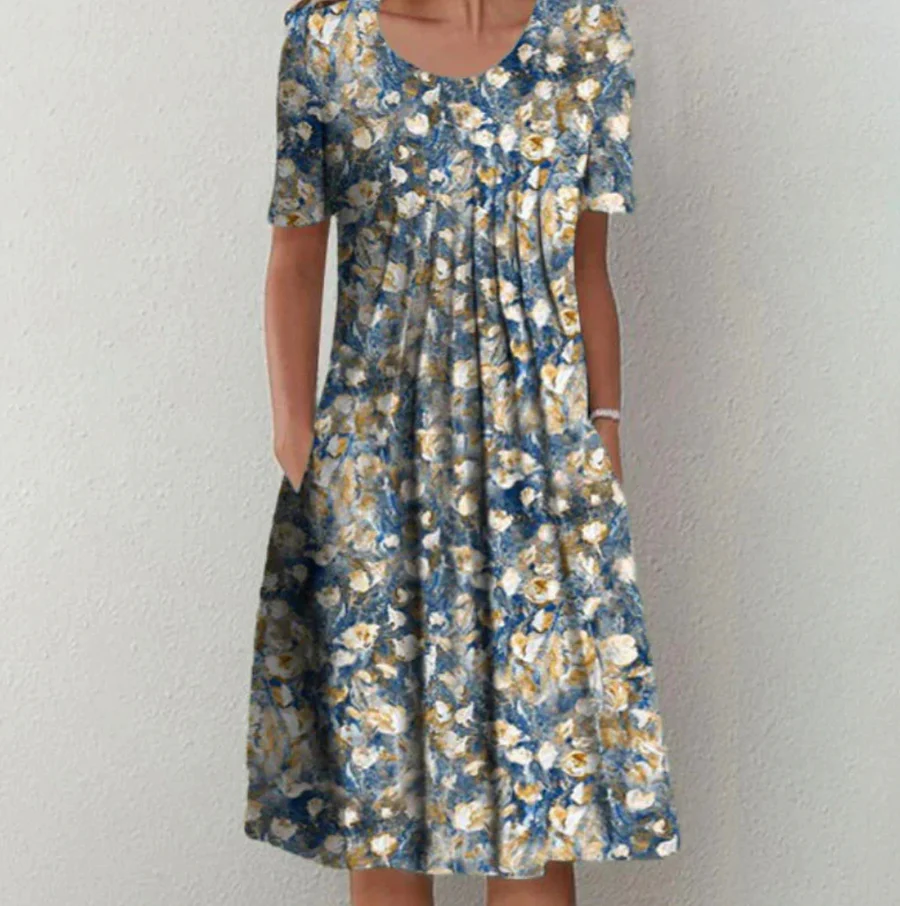 EP | Robe midi pour femme - Forme A-Line - Mélange respirant - Encolure ronde - Motif floral - Poches