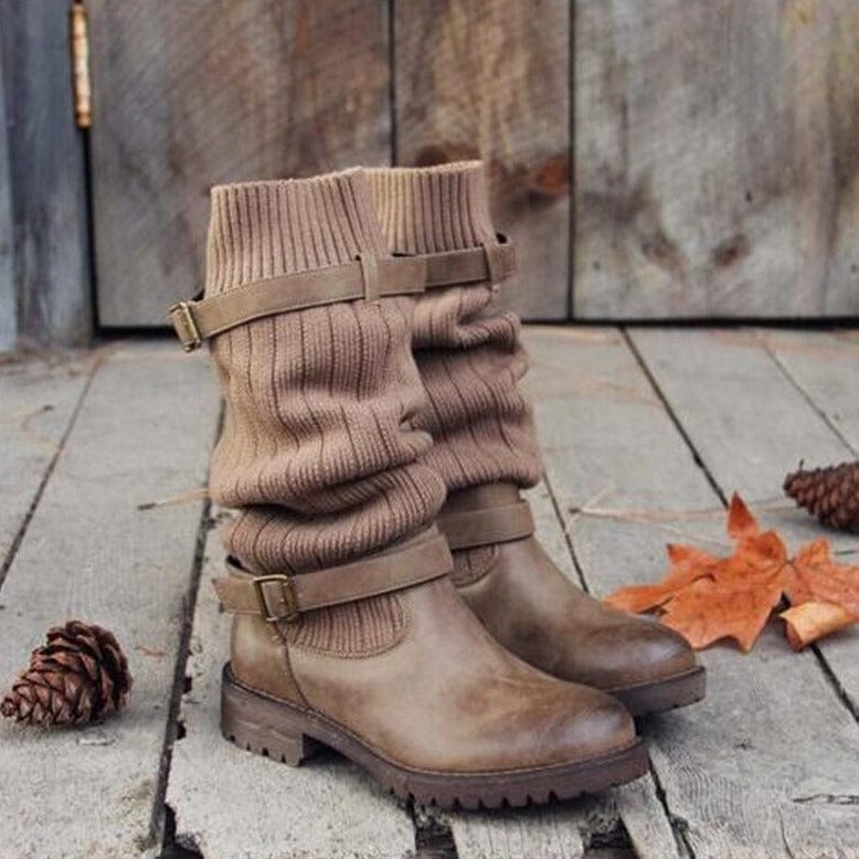 EP | Bottes en cuir tricotées en laine chaude pour femmes