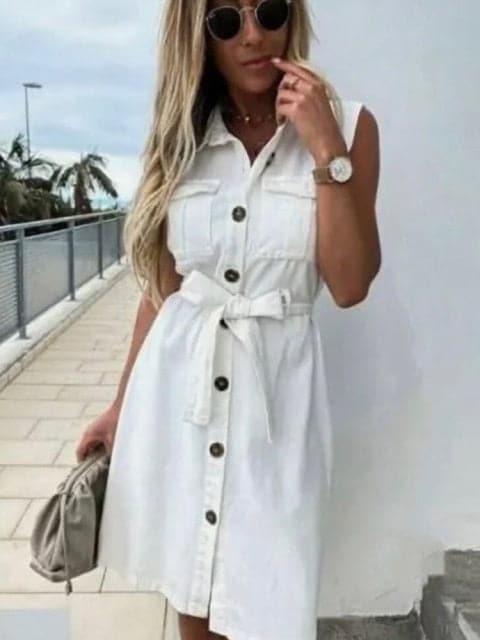EP | Femmes Vintage Bouton Avant Gaine Robe de Fête sans manches Tourner vers le bas Col décontracté Mini-robe d'été Mode nouvelle robe