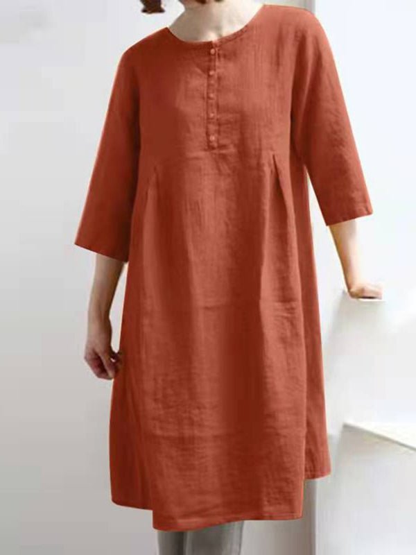 EP | Rétro coton lin solide plissé demi-manche mini-robe