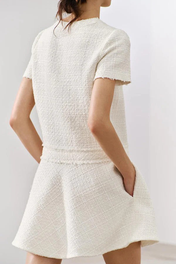 EP | Années 1960 London Girl Tweed texturé or bouton manches courtes Pocketed Mini Robe