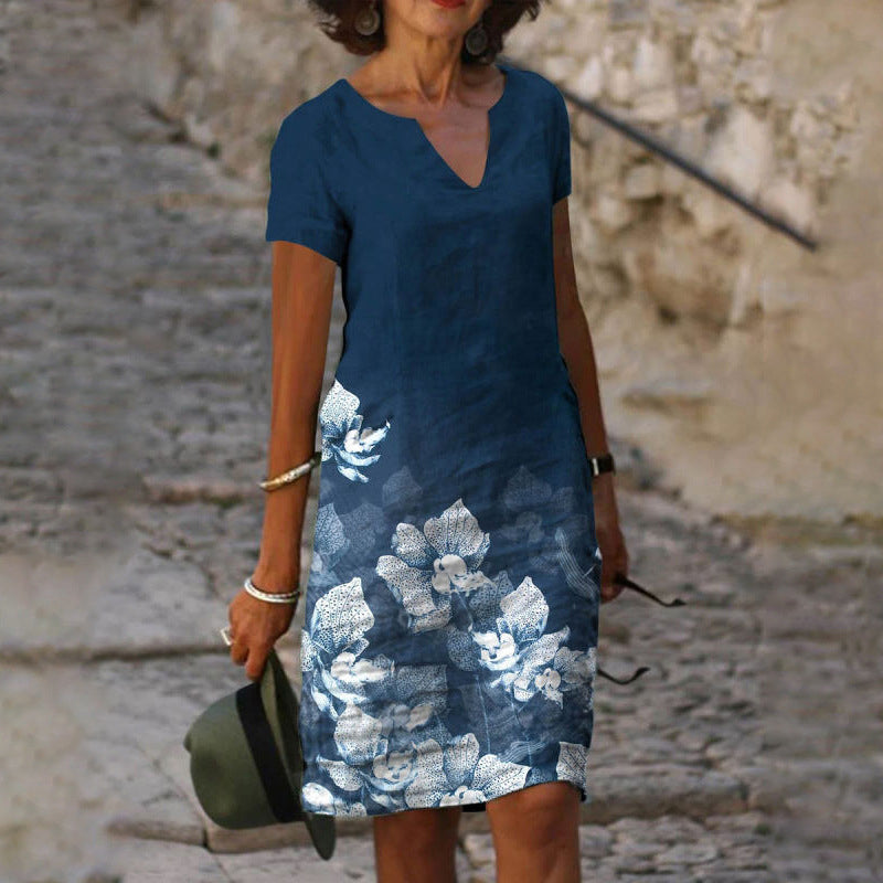 EP | Femmes Coton Lin Imprimé Couleur Dégradé Manches Courtes Shift Robe Mi-longues