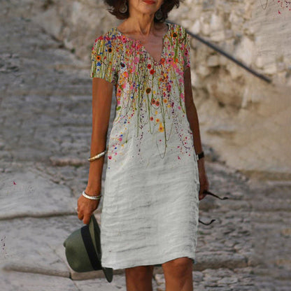 EP | Femmes Coton Lin Imprimé Couleur Dégradé Manches Courtes Shift Robe Mi-longues