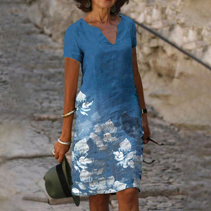 EP | Femmes Coton Lin Imprimé Couleur Dégradé Manches Courtes Shift Robe Mi-longues