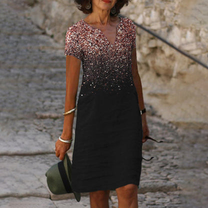EP | Femmes Coton Lin Imprimé Couleur Dégradé Manches Courtes Shift Robe Mi-longues