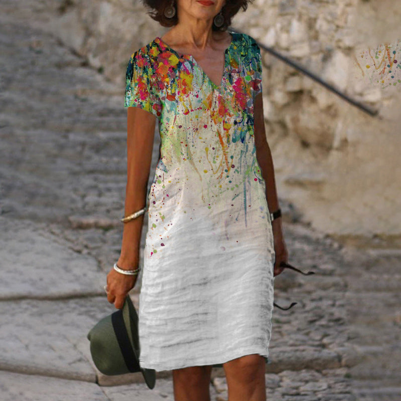 EP | Femmes Coton Lin Imprimé Couleur Dégradé Manches Courtes Shift Robe Mi-longues
