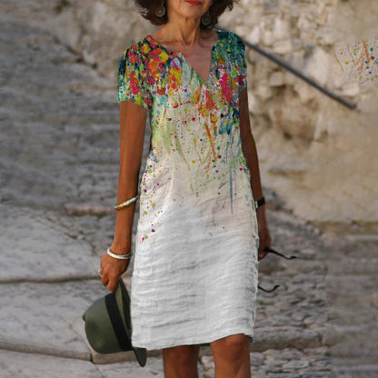 EP | Femmes Coton Lin Imprimé Couleur Dégradé Manches Courtes Shift Robe Mi-longues