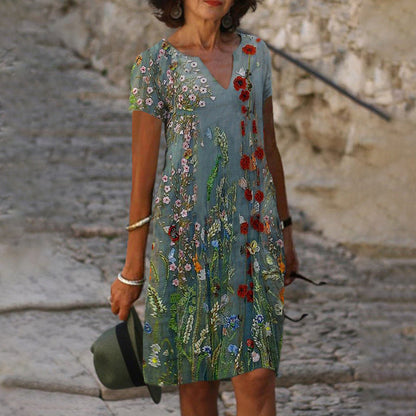 EP | Femmes Coton Lin Imprimé Couleur Dégradé Manches Courtes Shift Robe Mi-longues