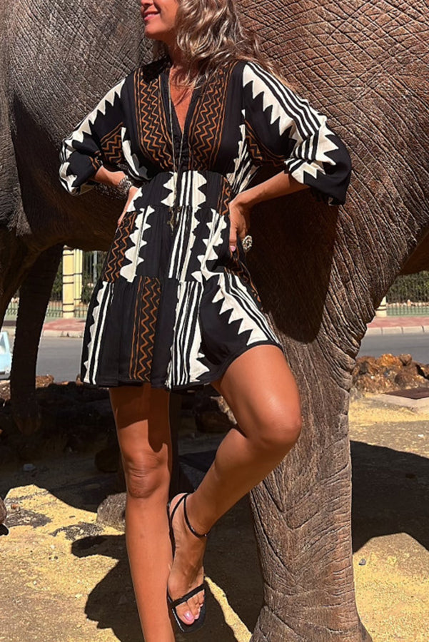 EP | Impression ethnique Taille élastique Babydoll Mini Robe