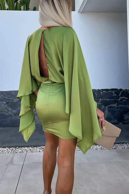EP | Belle Ailes Satin Papillon Manches Taille Élastique Mini-robe Formelle