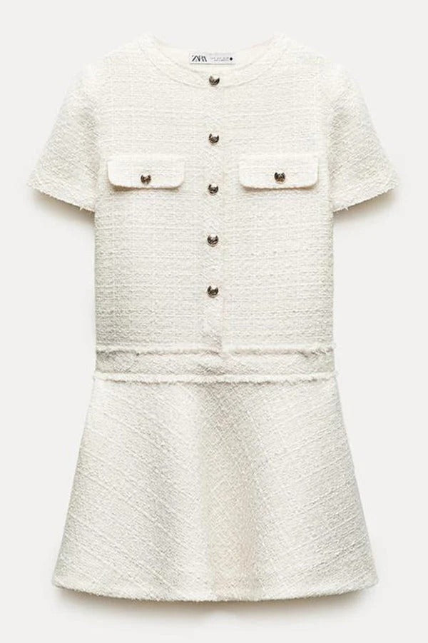 EP | Années 1960 London Girl Tweed texturé or bouton manches courtes Pocketed Mini Robe
