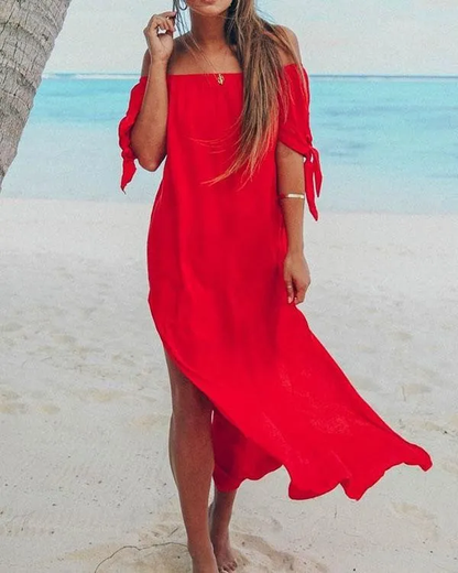 EP | Robe longue pour femme avec grande fente latérale, robe ample et évasée avec épaules dénudées