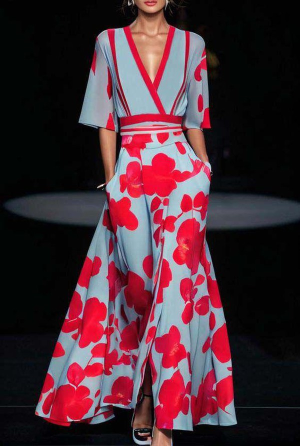 EP | Maxi-robe bleue à fleurs et col en V pour femme