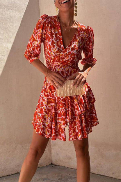 EP | Vibrant Voyage Impression unique Demi-manches Taille élastique Mini Robe Tiered