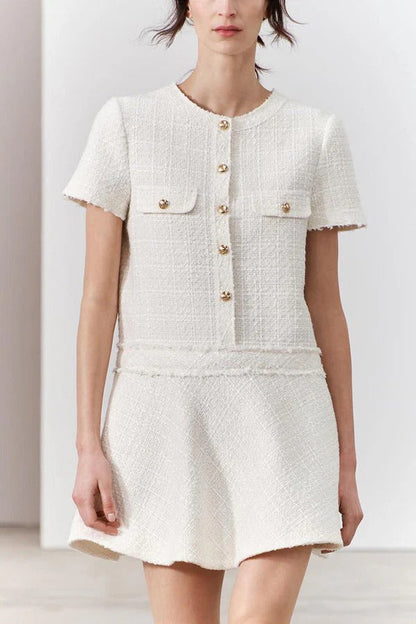 EP | Années 1960 London Girl Tweed texturé or bouton manches courtes Pocketed Mini Robe