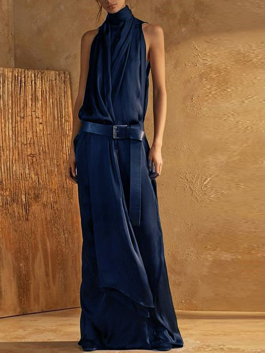 EP | Robe maxi débardeur femme - Encolure haute - Sans manches - Ceinture à la taille - Coupe fluide - Mélange respirant