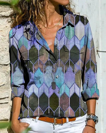 EP couleur bloc décontracté col manches longues blouses