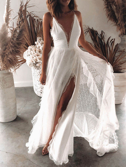 EP | Blanc Mariage Deep V Neck Backless Dentelle Split Maxi Robe