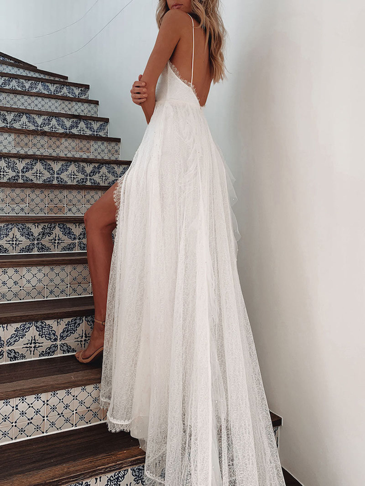 EP | Blanc Mariage Deep V Neck Backless Dentelle Split Maxi Robe