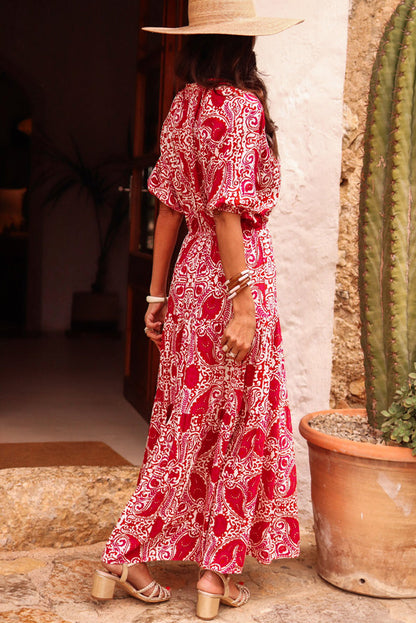 EP | Rouge Paisley Imprimer côté fente manches bouffantes taille haute Maxi Robe