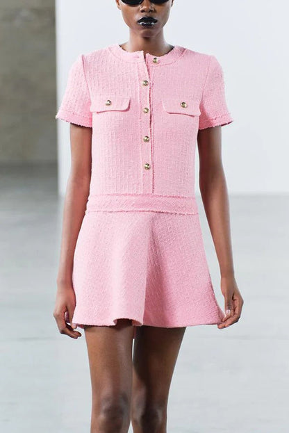 EP | Années 1960 London Girl Tweed texturé or bouton manches courtes Pocketed Mini Robe