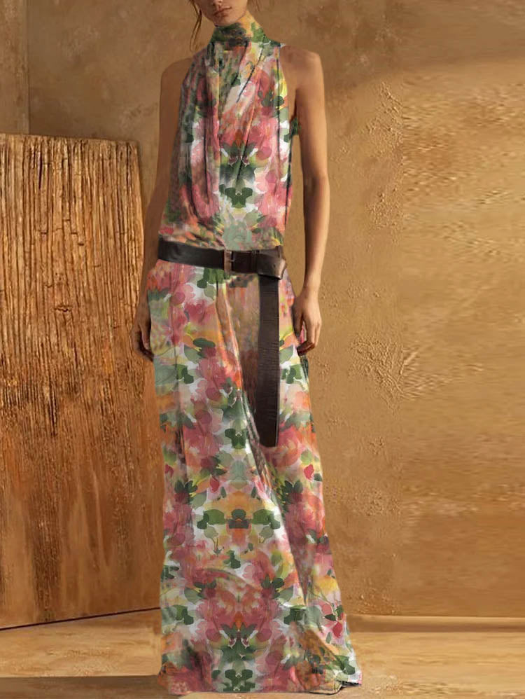 EP | Robe maxi débardeur femme - Encolure haute - Sans manches - Ceinture à la taille - Coupe fluide - Mélange respirant